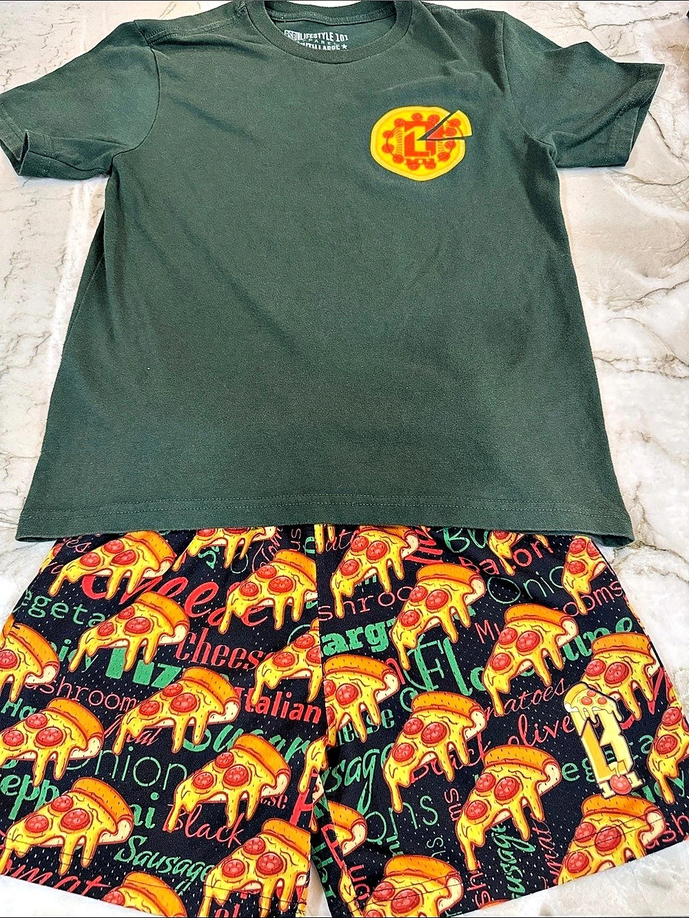 Baseball Lifestyle 101 Boys YL shirt and YM short- Pizza Print Matching Set